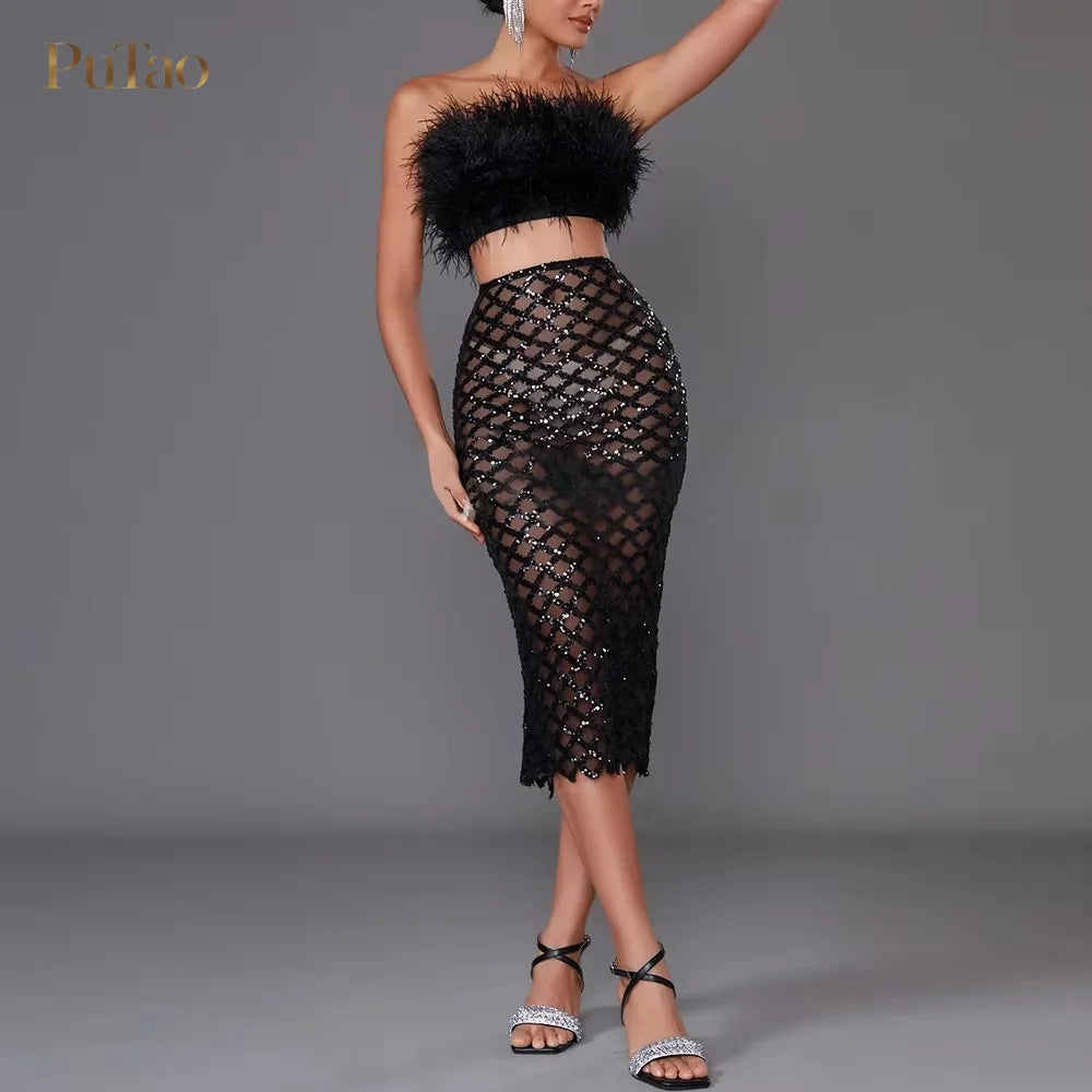 PuTao 2 Piece Formal Outfit White Feather Strapless Crop Top Sequin Mesh Midi Skirt Set Evening Birthday Cocktail Dresess