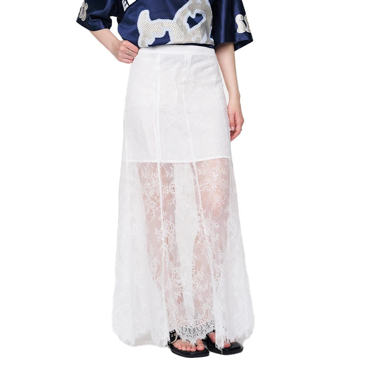 ELFSACK Romantic Lace Midi Skirt, Sheer See-Through A-Line Skirt, Elegant Slimming Long Skirt for Women