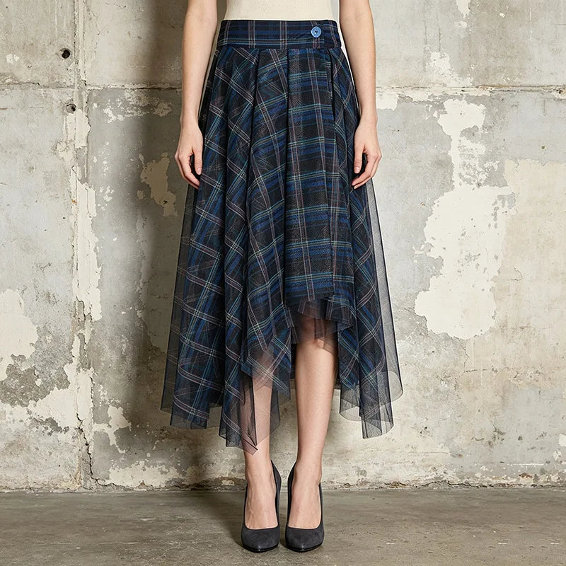 Women's High Waist Plaid Tulle Spliced Skirt Irregular Hem Design Sense Elegant Female Mid‑Length Skirts Office Party Faldas