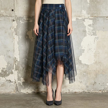 Women's High Waist Plaid Tulle Spliced Skirt Irregular Hem Design Sense Elegant Female Mid‑Length Skirts Office Party Faldas