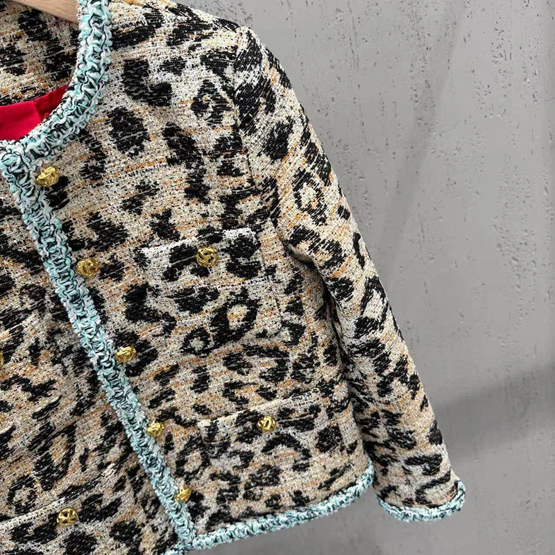 KUCLUT 2026 Autumn Winter Leopard Print Tweed Short Coat For Women Gold Buttons Contrast Color Versatile Elegant Jacket 1A4837