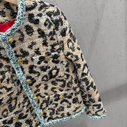KUCLUT 2026 Autumn Winter Leopard Print Tweed Short Coat For Women Gold Buttons Contrast Color Versatile Elegant Jacket 1A4837