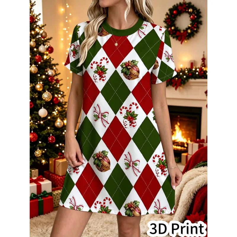 3D Fun Santa Claus Printed New Year Party Dress Women's Short Sleeve Round Leader Casual Loose Mini Dress Vestidos De Mujer