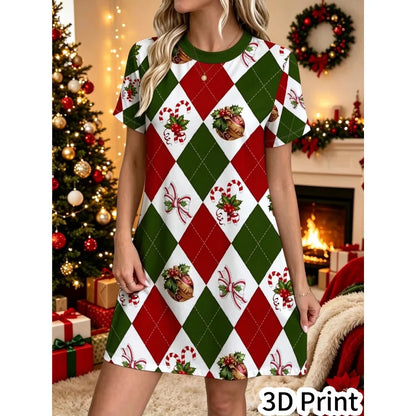 3D Fun Santa Claus Printed New Year Party Dress Women's Short Sleeve Round Leader Casual Loose Mini Dress Vestidos De Mujer