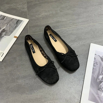 2025 Soft Sole Leopard Shoes Woman Bowtie Flock Ballet Flats Barefoot Loafers Ladies Daily Mocassines Slip On Dress Office Shoes