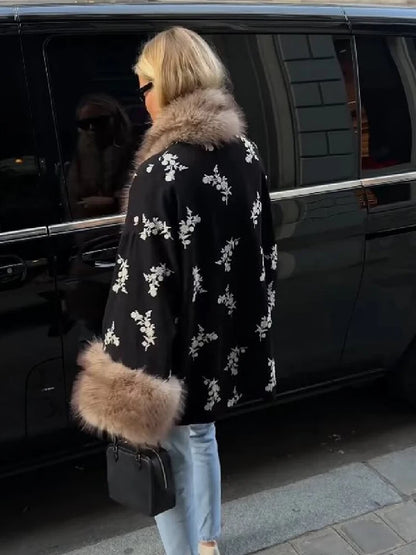 Luxury Floral Print Faux Fur Trim Cape Coat Women Open Front Fluffy Collar Cuffs Loose Cardigan Winter Fall Party Outerwear New