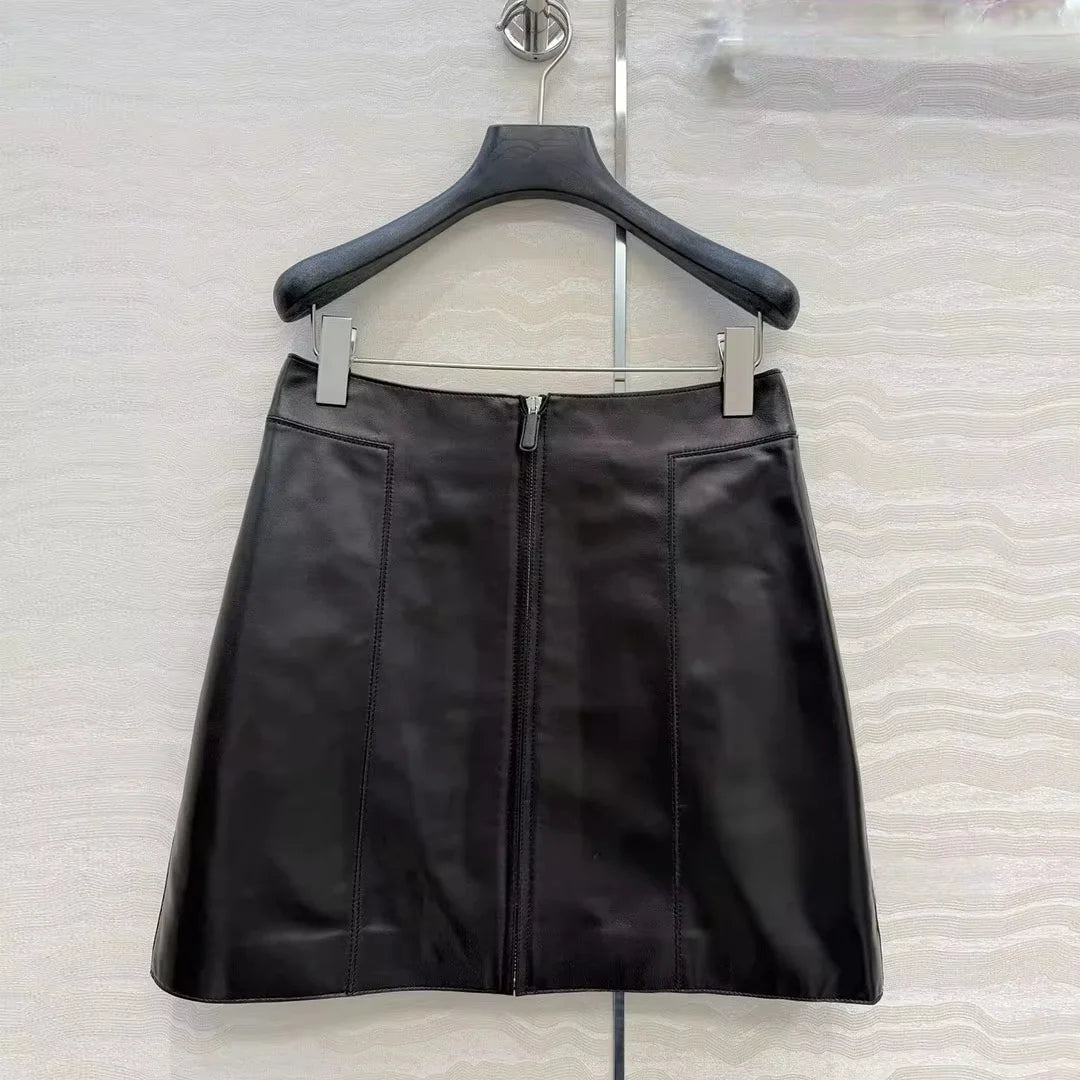 Women's High Waist Sheepskin Leather Mini Skirt Front Zipper Elegant Office Chic Skirt Autumn Fashion 2026