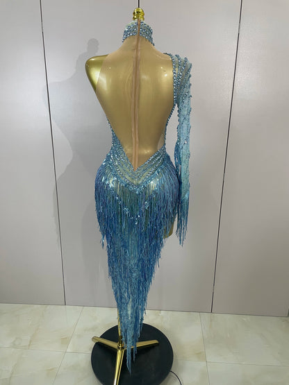 Sexy Latin Dance Outfits Sparkly Diamond Blue Rhinestone Mesh One Shoulder Tassel Dress Eveing Party Bar Nightclub Stage Costume