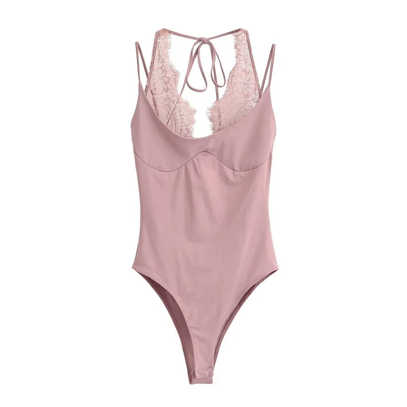 Women's Bodysuit 2026 New Fashion Spring Summer Brown Spliced Lace Bodysuit for Women Chic Personality Spaghetti Strap Bodysuit