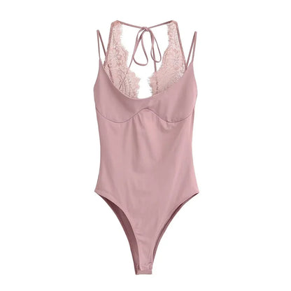 Women's Bodysuit 2026 New Fashion Spring Summer Brown Spliced Lace Bodysuit for Women Chic Personality Spaghetti Strap Bodysuit