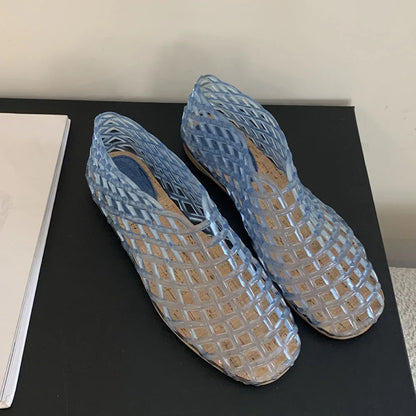 Design Mesh Jelly Shoes Hollow Round Toe Beach Shoes Comfy Fashion Transparent Sandals Women Summer New Weave Flat Jellies Shoes