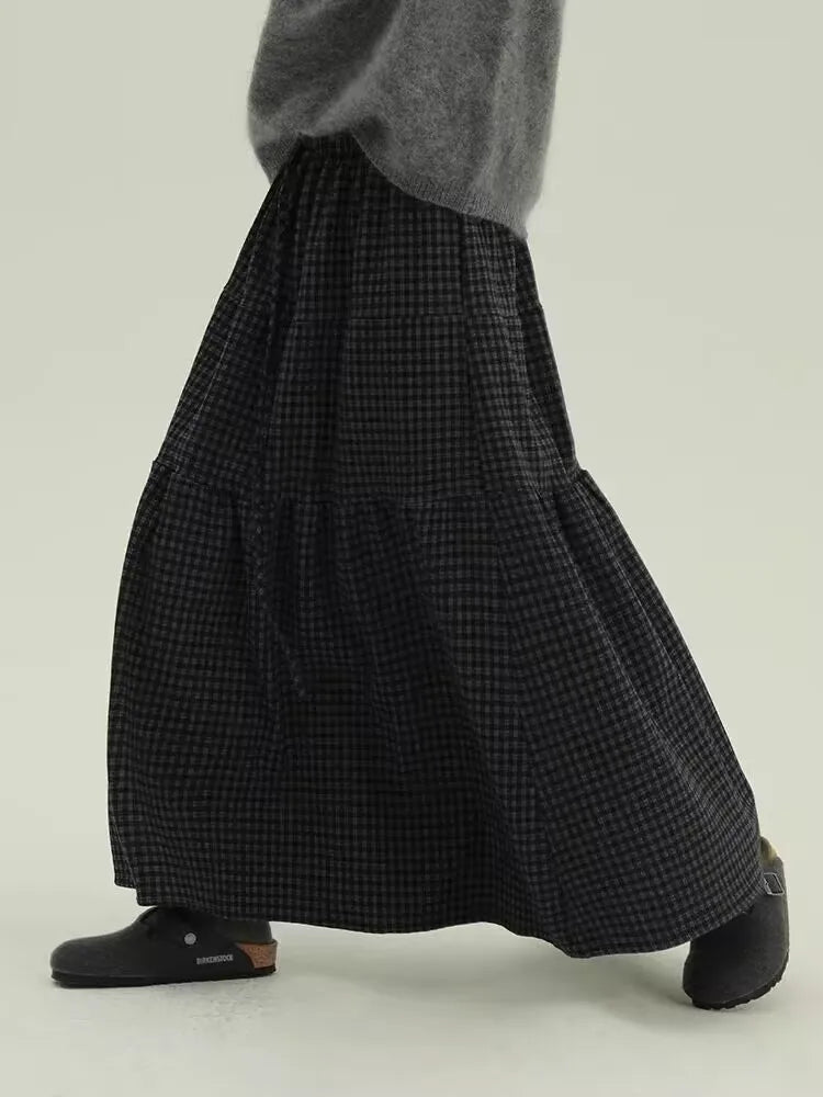 Women's Retro Patchwork Plaid A-Line Midi Skirt Elastic Waist Slimming Versatile Large Size Clothing Casual Long Skirts