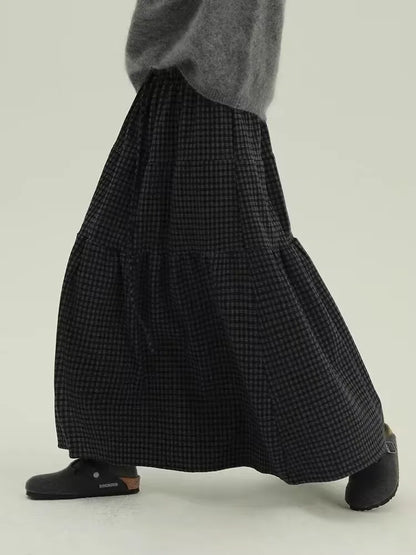 Women's Retro Patchwork Plaid A-Line Midi Skirt Elastic Waist Slimming Versatile Large Size Clothing Casual Long Skirts