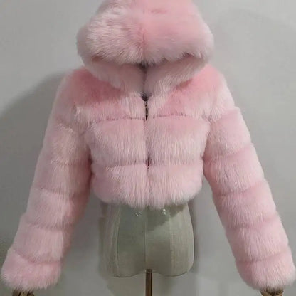 S-6XL Women Coat Autumn Winter Short Hooded Faux Fox Fur Coat Thick Warm Outerwear Fake Fur Woman Jackets Ladies Furry Coats