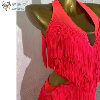 Latin Dance Competition Show Custom Adult Children's Red Fringe Dance Dress Ballroom Rumba Chacha Tango Performance Wear