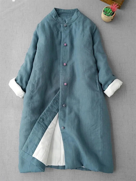 Chinese Style Women's Quilted Jacket, Stand Collar Long Cotton Coat for Spring Autumn, Mid-Length Warm Linen Outerwear Z3891