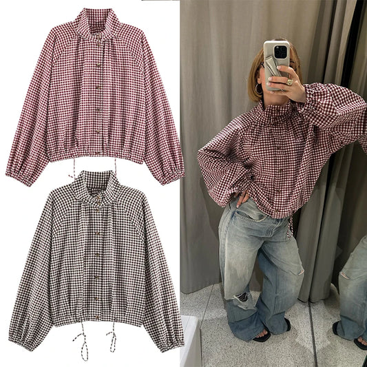 Women's Plaid Jacket, Vintage Gingham Check Coat, Stand Collar Long Sleeve Button Up Outerwear, Loose Casual Autumn Windbreaker