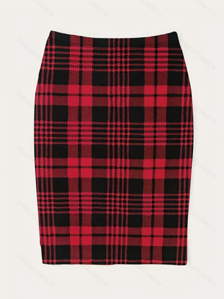 Sweet Cool Girl Red & Black Plaid High-Waist Bodycon Midi Skirt, Elastic Slim-Fit Pencil Skirt