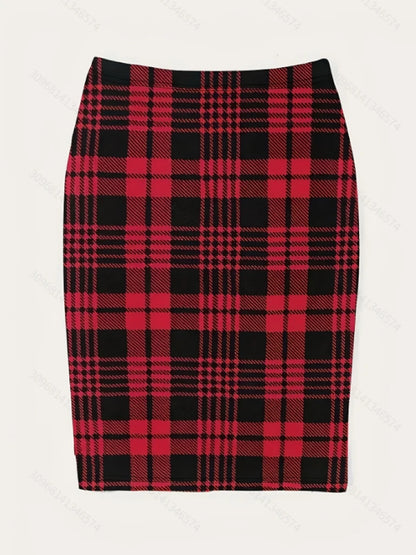 Sweet Cool Girl Red & Black Plaid High-Waist Bodycon Midi Skirt, Elastic Slim-Fit Pencil Skirt