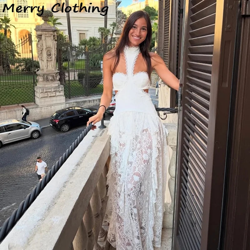 Sexy Lace Patchwork Dress Women Hollow Out Sleeveless Party Club Long Skirt See Through Halter Evening Gown Vacation Lady Robes