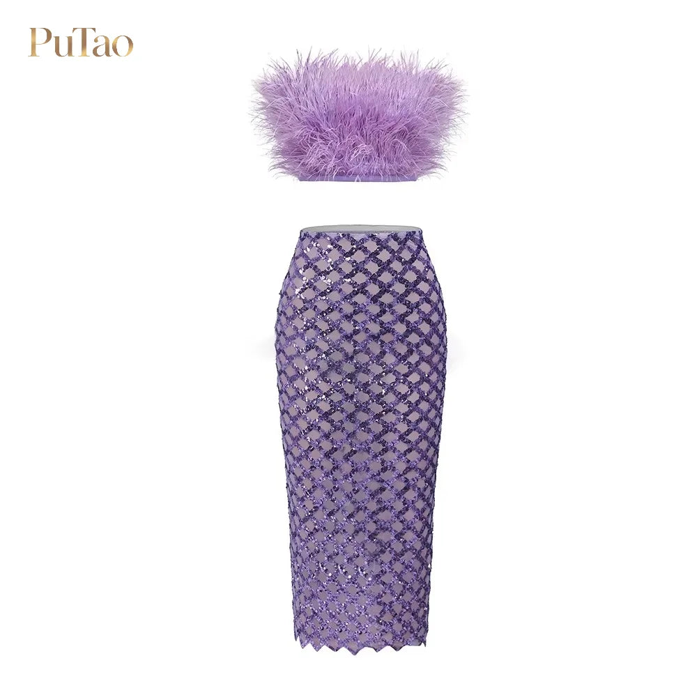 PuTao 2 Piece Formal Outfit White Feather Strapless Crop Top Sequin Mesh Midi Skirt Set Evening Birthday Cocktail Dresess