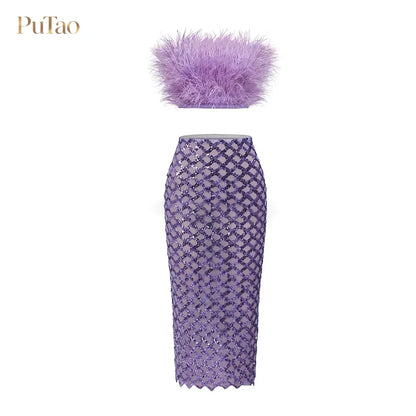 PuTao 2 Piece Formal Outfit White Feather Strapless Crop Top Sequin Mesh Midi Skirt Set Evening Birthday Cocktail Dresess