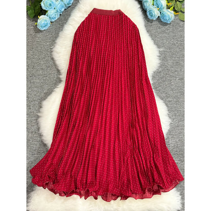 Polka Dot Print High Elegant A-line Pleated Long Skirt For Women 2025 Spring autumn Office Lady Casual Leopard Skirts