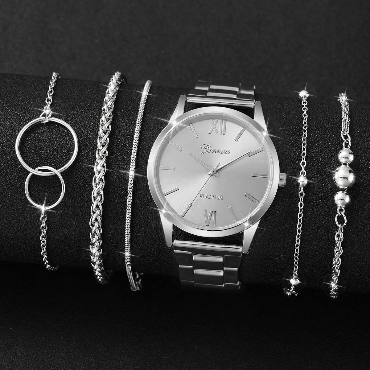 6PCS/Set Fashion Roma Dial Women Quartz Watch Silver Alloy Band Female Wrist Watches Bracelets Set（Without Box）