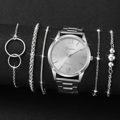 6PCS/Set Fashion Roma Dial Women Quartz Watch Silver Alloy Band Female Wrist Watches Bracelets Set（Without Box）