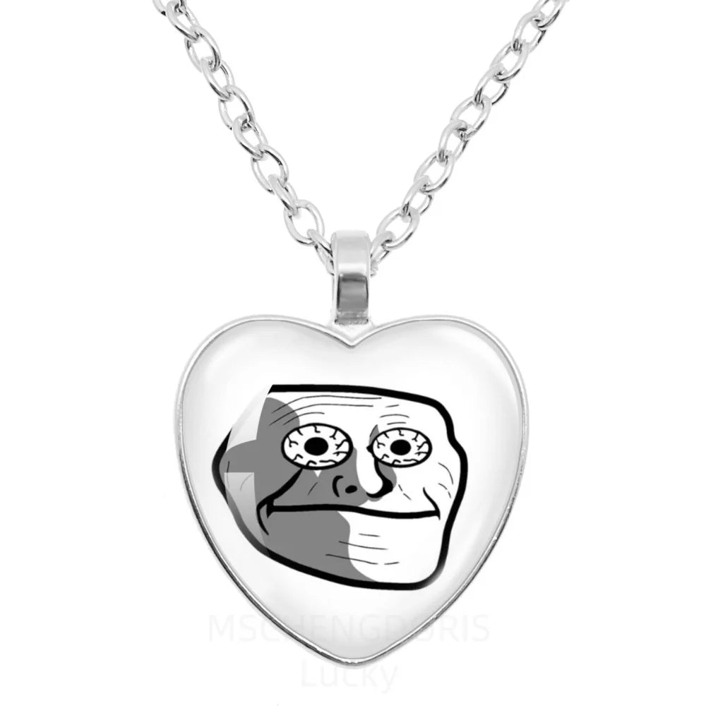 Rage Comic Necklace Derp Face Trollface Funny Meme Cartoon Glass Heart Shape Pendant Chain Necklace Charm Jewelry Collect Gift