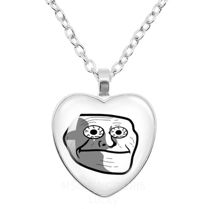 Rage Comic Necklace Derp Face Trollface Funny Meme Cartoon Glass Heart Shape Pendant Chain Necklace Charm Jewelry Collect Gift