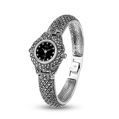 Solid 925 Sterling Silver Thailand Silver  Marcasite Luxury Wrist Watches Jewelry Women's Quartz Watches Bracelet Fine Jewelry