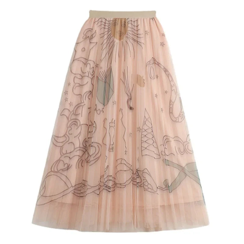 TFETTERS Pink Tulle Skirt Women Casual Graffiti Print Pleated Midi Skirt 2025 Spring and Summer Korean Fashion Women Clothing