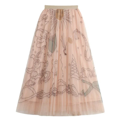 TFETTERS Pink Tulle Skirt Women Casual Graffiti Print Pleated Midi Skirt 2025 Spring and Summer Korean Fashion Women Clothing