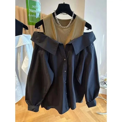 False Two Piece Polo Collar Blouse Women Shirt Loose Tank Patchwork Long Sleeve Shirts Off The Shoulder Spring Pullovers Top New