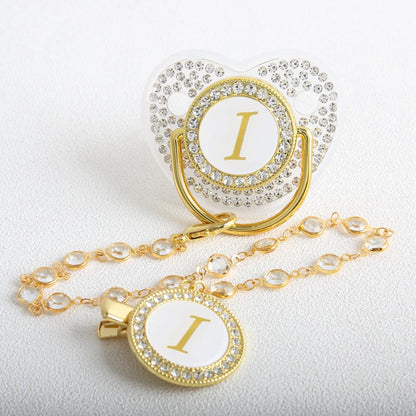 Transparent 26 Initial Letter Luxury Baby Pacifier with Chain Clip Newborn Bling Dummy Soother Chupeta