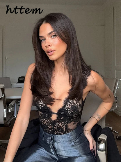Sexy Lace Black Rompers Women See Through Deep V-neck Sleeveless Backless Slim Sling Jumpsuits 2026 Spring Summer All-match Tops