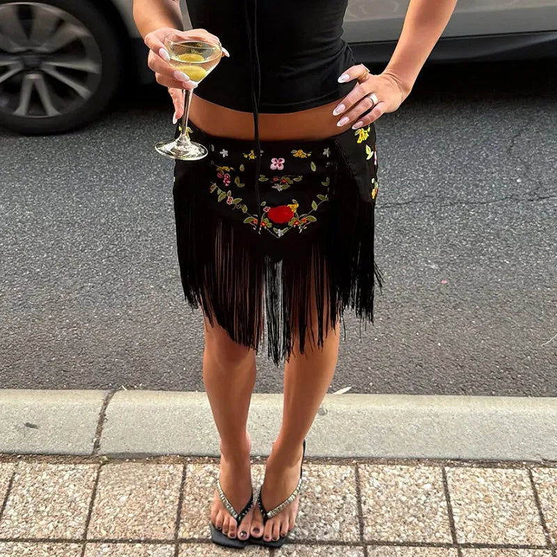 Double-sided Printed Tassel Women's Skirt Chic Lace Up Irregular Mini Skirts Female Y2k 2026 Summer Lady Vacation Beach Clothes