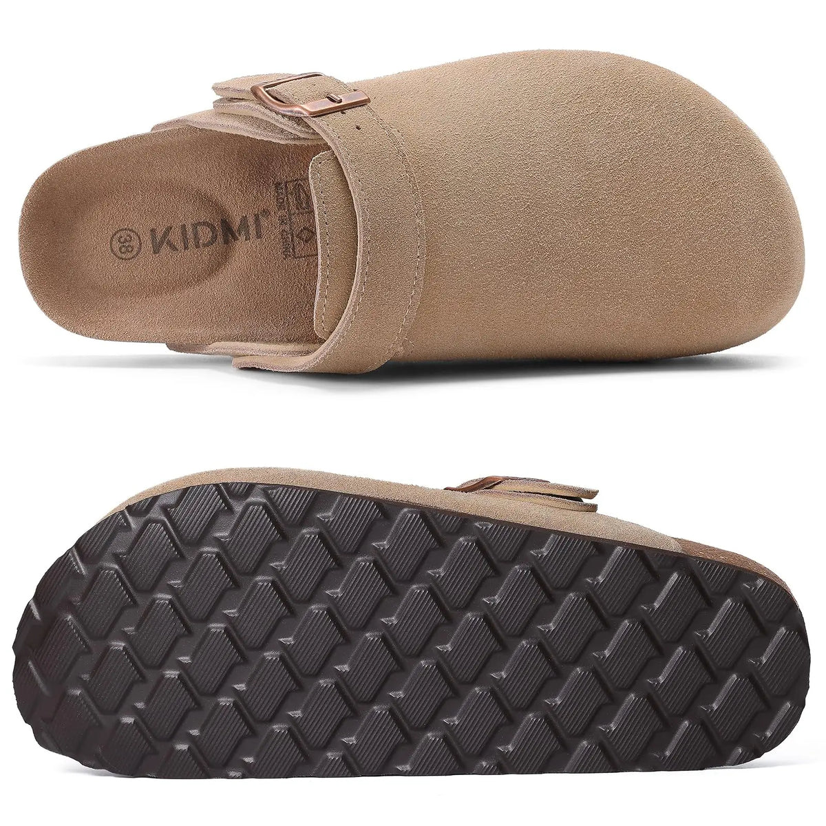 Evshine Women Suede Cork Slippers with Adjustbale  Strap Comfy Arch Support Leather Mules Retro Men Potato Shoes Lady Cork Clogs