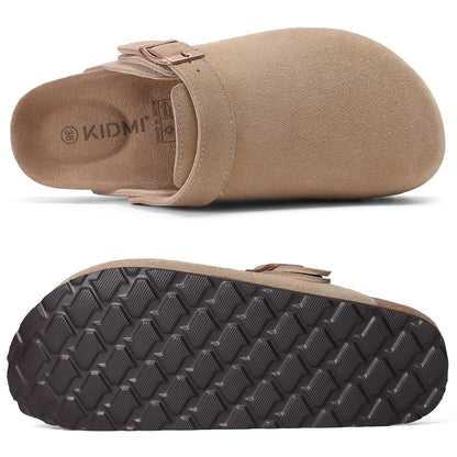 Evshine Women Suede Cork Slippers with Adjustbale  Strap Comfy Arch Support Leather Mules Retro Men Potato Shoes Lady Cork Clogs