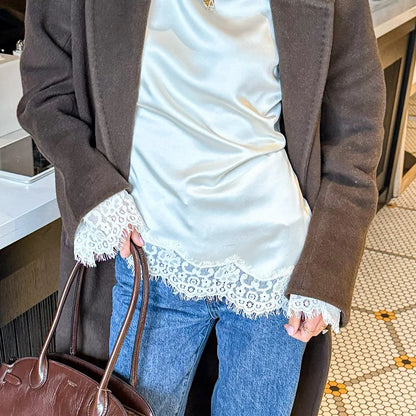 Linad Elegant White Lace Flare Sleeve Woman Blouse 2026 Vintage Satin Asymmetrical Shirts Female Casual O Neck Pullover Tops