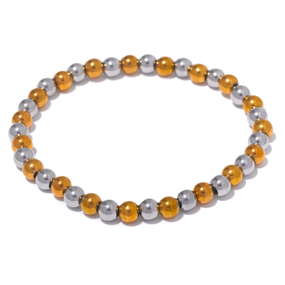Yhpup 3/4/5/6 MM Stainless Steel Beads Daily Handmade Elastic Bracelet Bangle Waterproof Wrist Wholesale Gold Color Jewelry Men