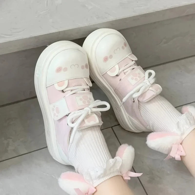 Lovely Girls Lolita Flat Platform,Young Women Students Sweet Cat Ears Elevator Canvas Shoes