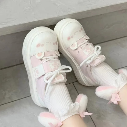 Lovely Girls Lolita Flat Platform,Young Women Students Sweet Cat Ears Elevator Canvas Shoes