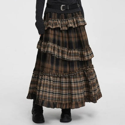 Midi Dress Vintage Plaid Skirt Women High Waist Skirt Ruffle Patchwork Irregular Hem Autumn Winter Line Slim Maxi Skirts Female