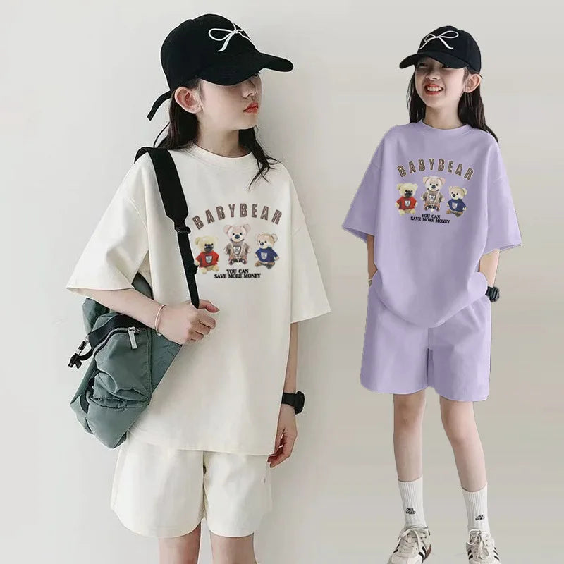 2026 SUMMER Children Set Girls Clothes Sport Tracksuit Teenager Bear Letter T-Shirt + Shorts Hot Pant 4 5 7 8 9 10 11 12 Years