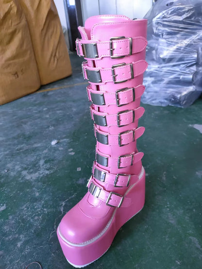 Women's Pink Multi-Buckle Platform Boots