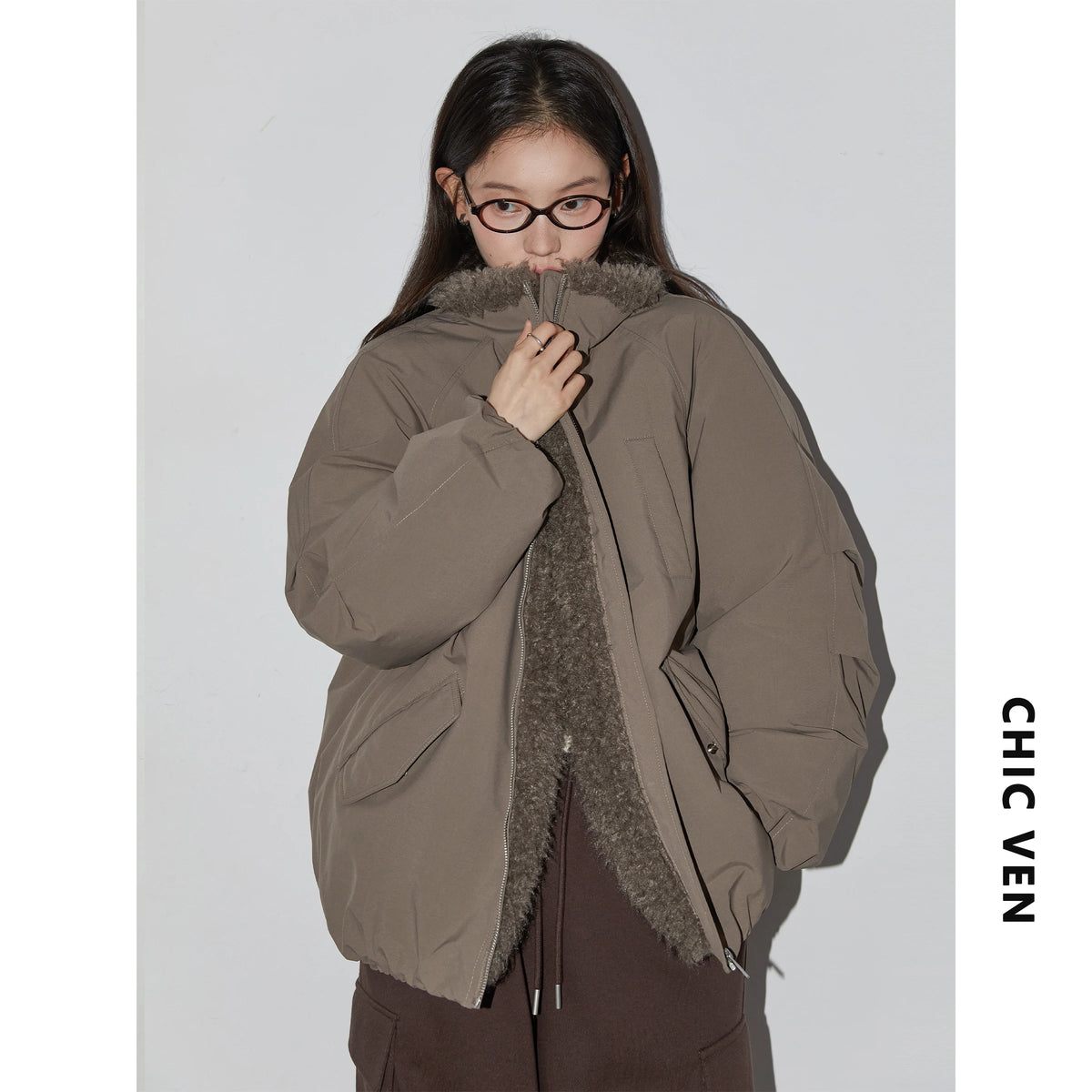 CHIC VEN Women Down Coats Loose Casual 90 White Duck Down Jacket Plush Splice Female Warm Overcoat Autumn Winter 2025