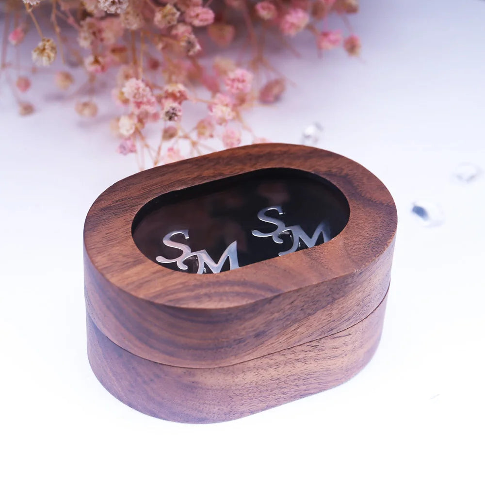 Tangula Custom Initials Cufflinks Stainless Steel Mens Cufflinks with Transparent Wood Box Personalize Wedding Jewelry Gifts