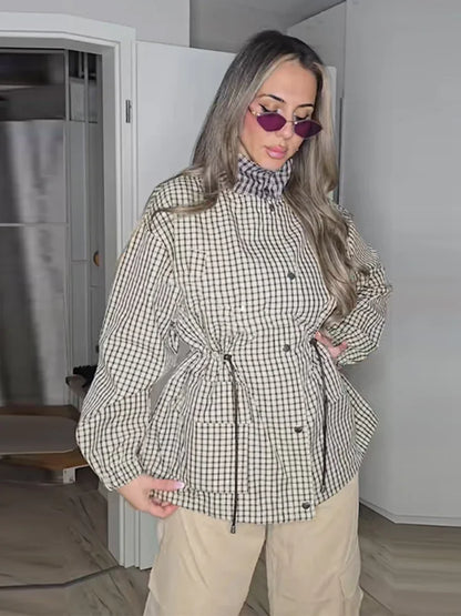 Women Grid Jackets Coat Stand Neck Single Breasted Waist-cinching Drawstring Jackets Female Spring Chic Casual Daily Outwears